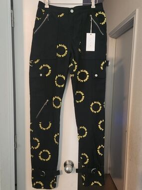 Mnml Mens Black Cargo Pants W29" L33" Punk Skater Black Yellow Zip Leg Buckles